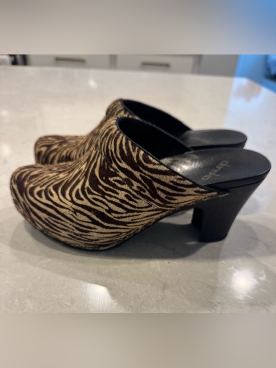 Dansko Shoes - Dansko Rae Calf Hair Heeled Mules Brown and Cream Zebra-Print Clogs